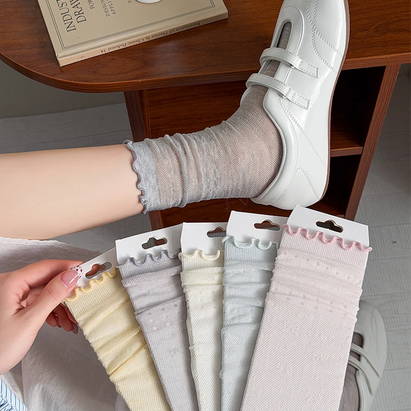 Women's Thin Breathable Silk Socks with Bowknot Design French Style Summer Mesh Lace Breathable Female Fashion Stockings