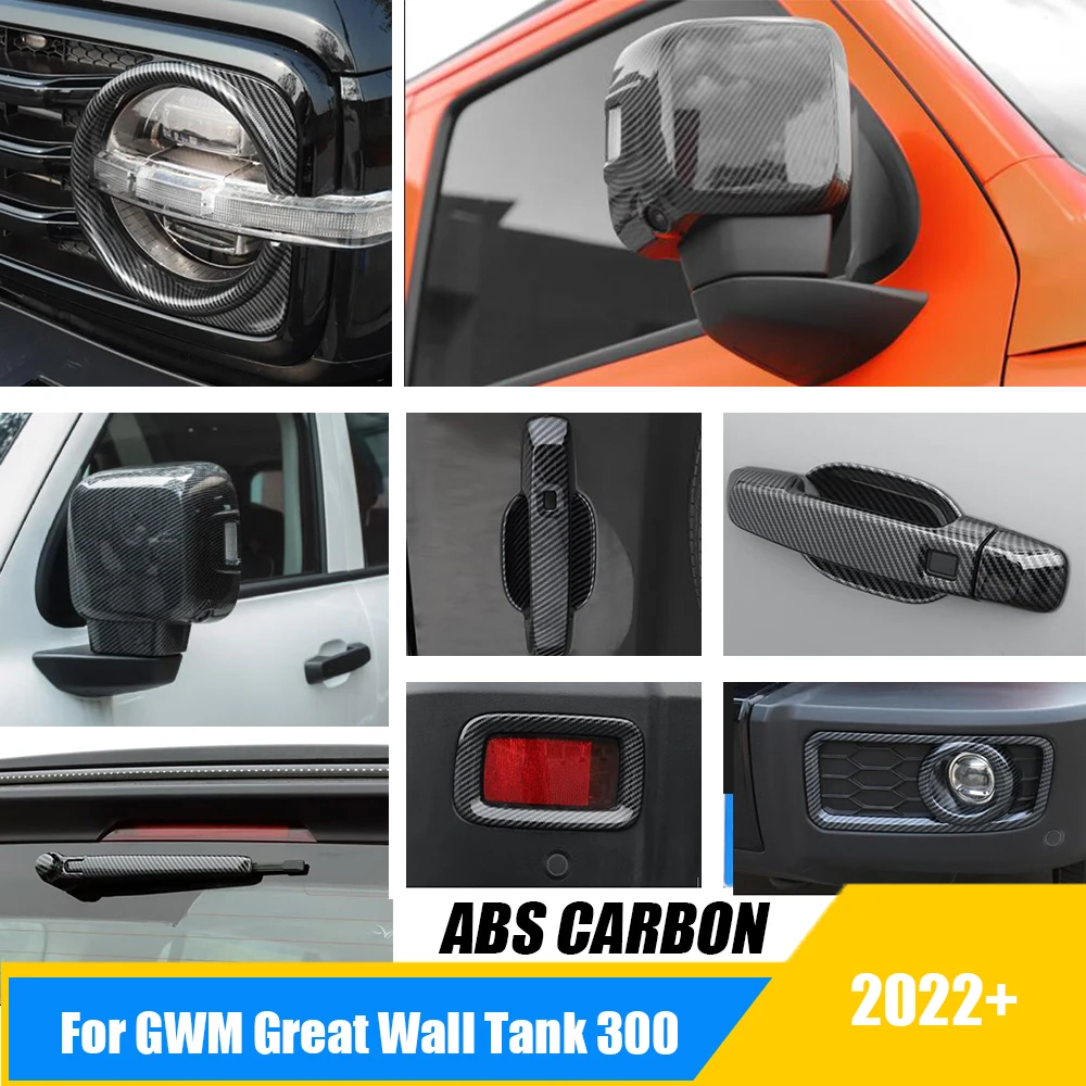 

For GWM Great Wall Tank 300 2022 2023 ABS carbon car rearview mirror rain eyebrow Wiper strip Handle Cover Trim Accessories