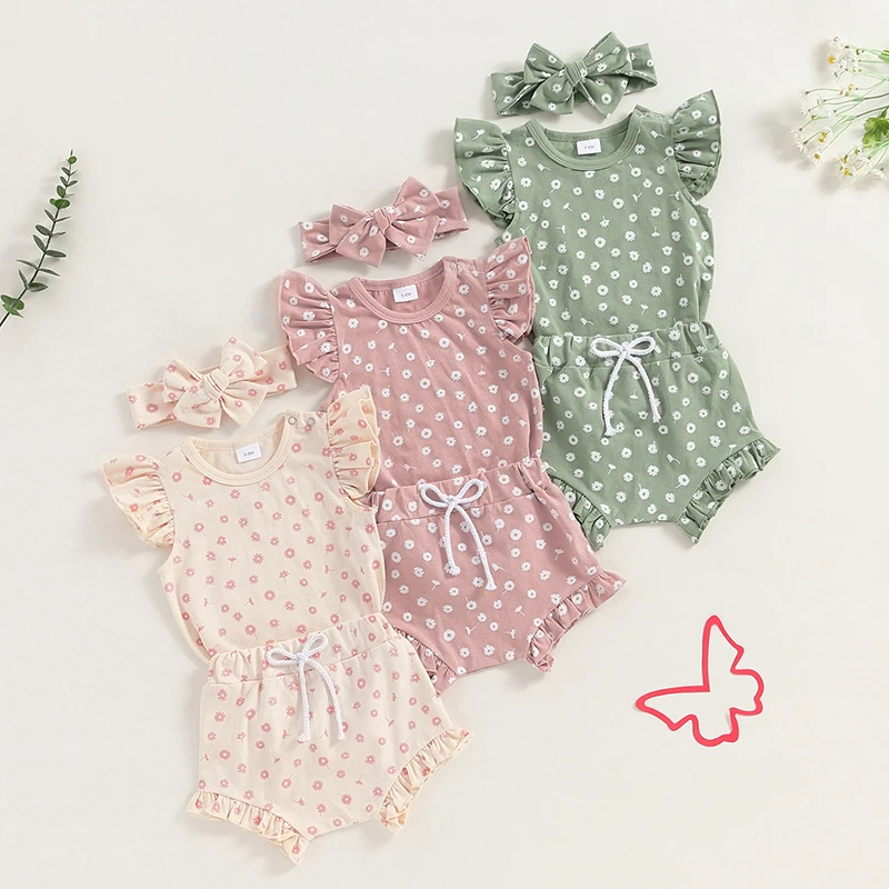 

Newborn Baby Girl Clothes Set Summer Floral Short Sleeve Romper Ruffle Shorts Headband 3Pcs Outfit Toddler Infant Clothing