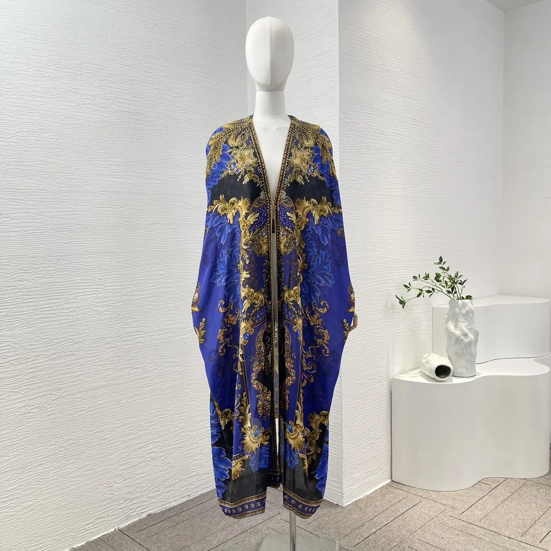 

2024 Worldcloset Navy Blue Floral Print Long Sleeve Diamonds Pressed Cape New High Quality