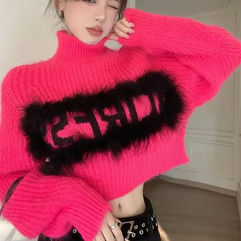 

Plush Stitching Letter Embroidery Turtle Neck Sweater Women Autumn Winter New Style With Loose And Slim Short Versatile Knitwear