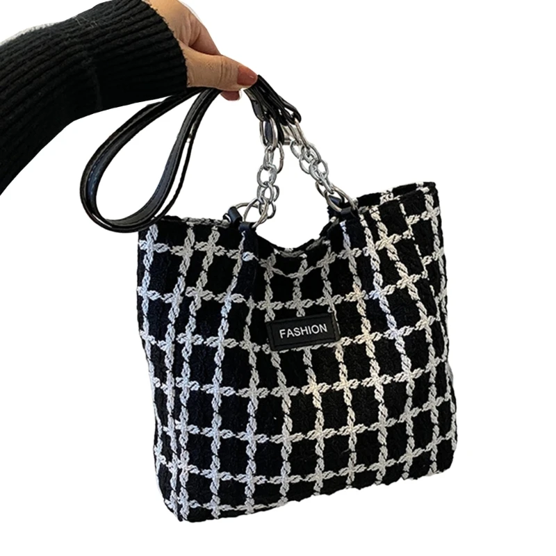 Bolso de mano con diseño de rejilla a la moda, bolso clásico a cuadros, bolso de mano versátil y espacioso para estudiantes, y