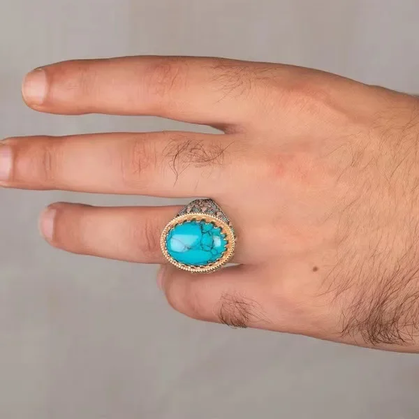 European and American Punk New Retro Men's Electroplating Two-color Inlaid Turquoise Ring Punk Style Personality Banquet Ring
