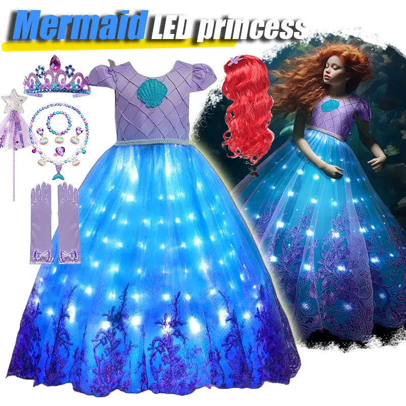 Vestido de baile de La Sirenita LED para niñas, vestido de fiesta de carnaval, bordado, malla, lazo de Skrit, adornado, Princesa, Luz