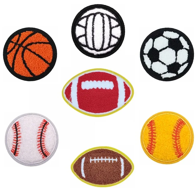 Chenille Fabric Towel Embroidery Iron on Ball Patch Football Basketball Volleyball Baseball Rugby Sports Emblem Plush Appliques