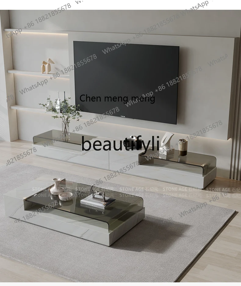

Natural Marble Small Coffee Table TV Cabinet Combination Glass Wabi-Sabi Style Small Apartment Living Room Coffee Table