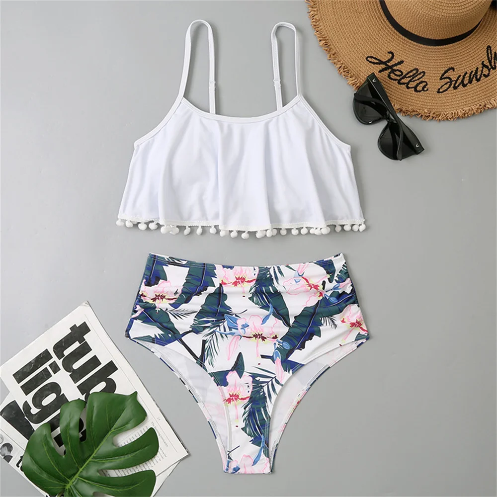 Bikini con estampado Vintage para Mujer, traje de baño de cintura alta con volantes, Tankini con tirantes, trajes de playa florales, traje de baño, Traje Bano para Mujer