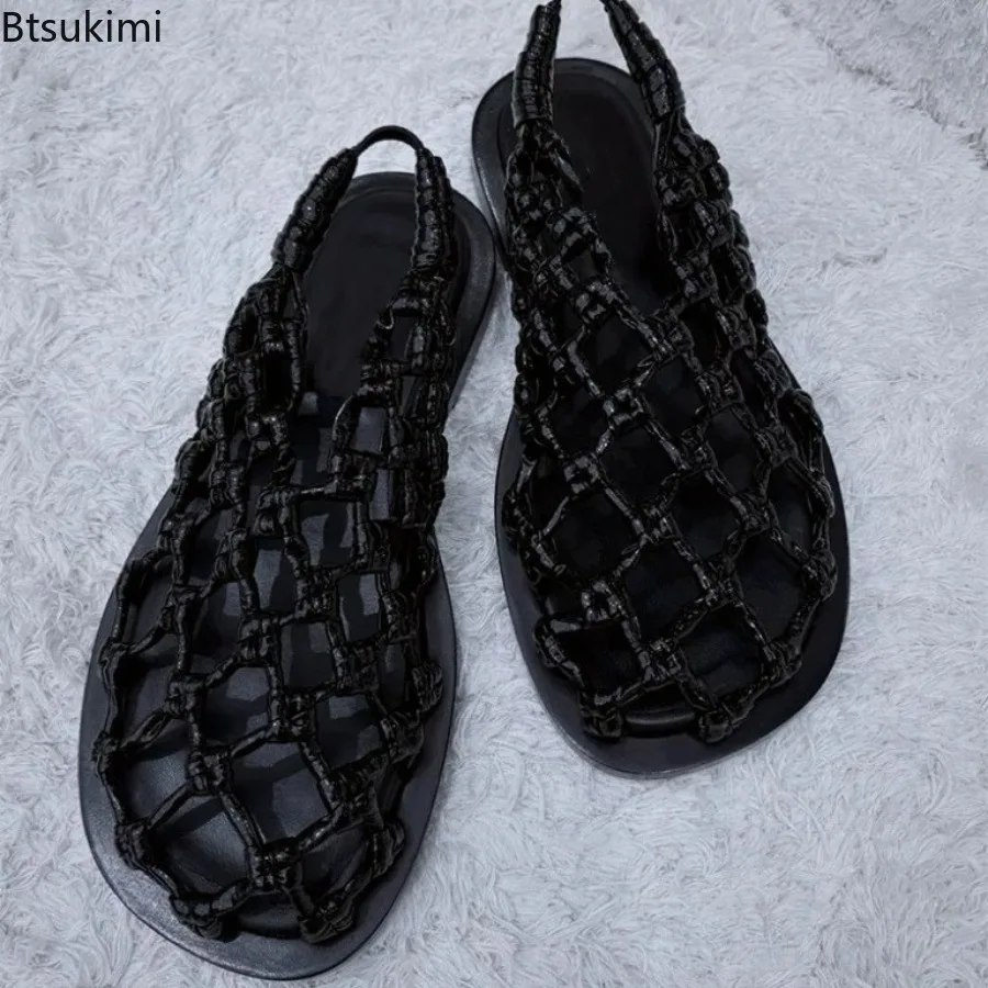 New Fashion Women's Summer Weaving Hollow Out Flat Heels Leather Fishnet Slippers Elegant Comfortable Casual Dress Mules Sandals