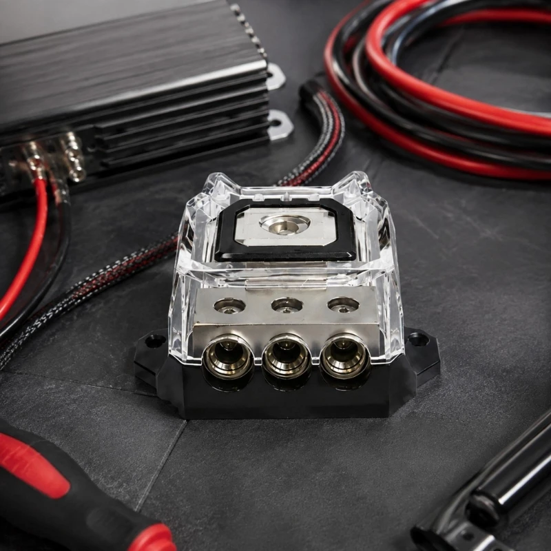 Vehicle Ground Splitter Block for Amplifier Wiring with Metal Housing Clear Protective Cover and Screw Clamp Terminals