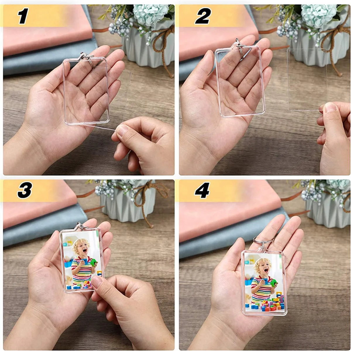 16PCS Acrylic Photo Frames Keychain Holder Photo Insert Blank Keyring For DIY Craft 2.2 x 3 Inch