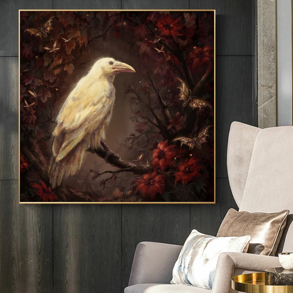 Lord Raven Moon Art Canvas Painting, White Crow Wall Posters and Prints, Living Room and Bedroom, Home Pictures Decoration