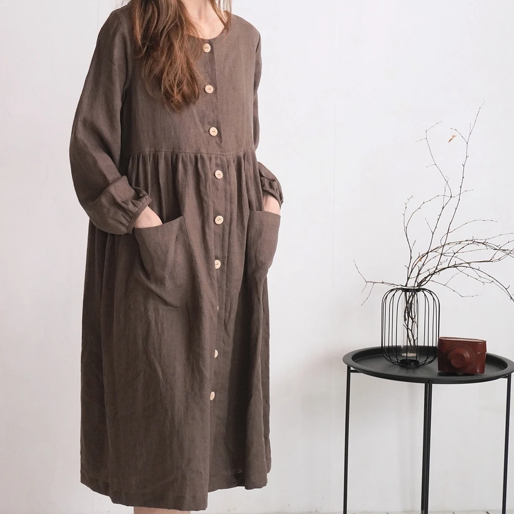 Vestido de maternidad de lino, corte holgado, con botones delanteros, marrón, Maxi, informal, de algodón, transpirable, ropa de maternidad, uso diario