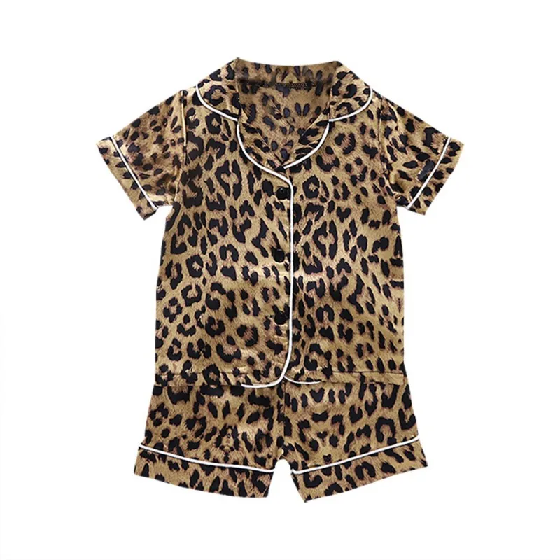 1-6T Summer Kids Ice Silk Pajama Set Boys Girls Cartoon Leopard Print Short Sleeve Blouse Top+Shorts Sleepwear T-Shirt Top Pants