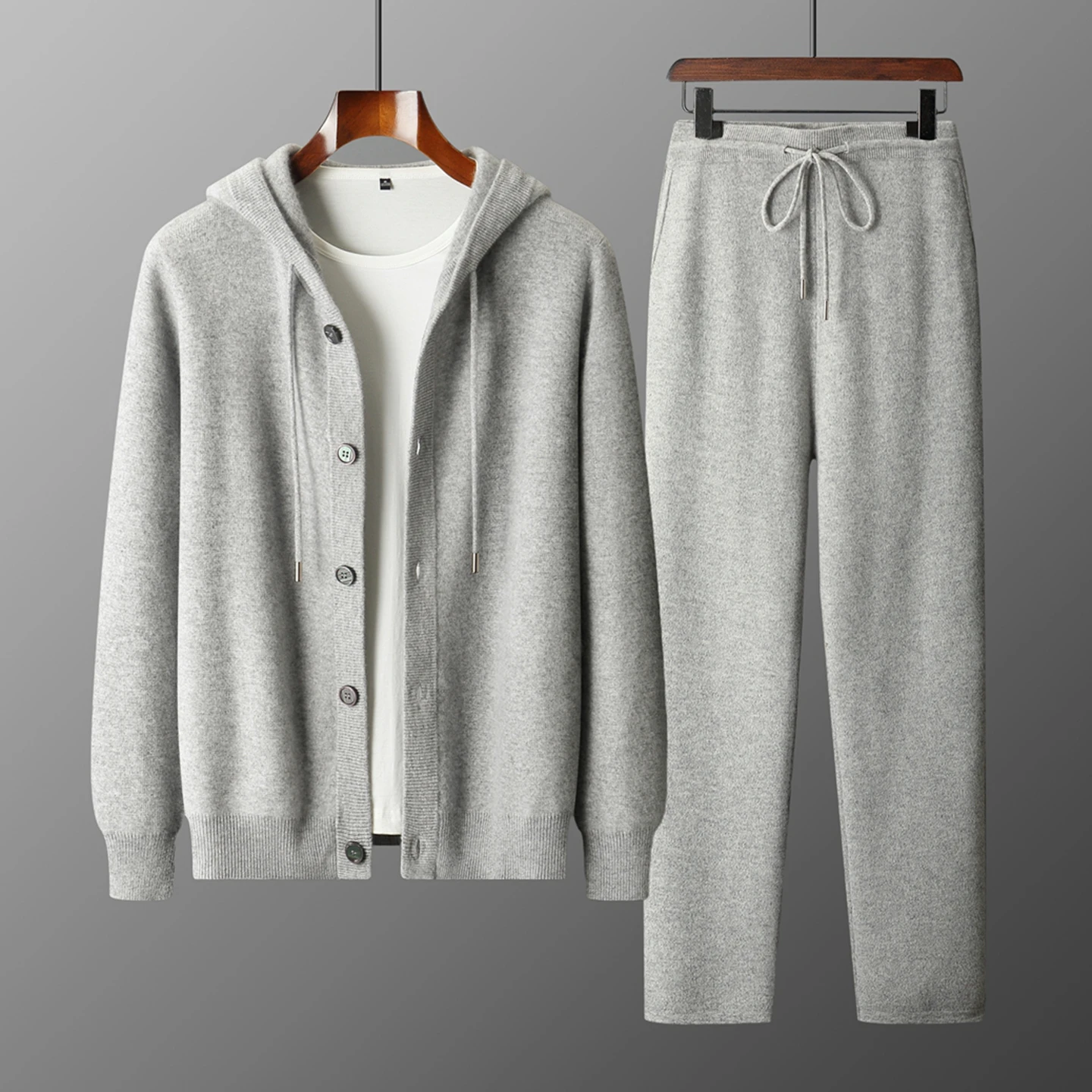 Korean Men's Suit 100% Merino Wool Autumn Winter Sweater Set Hooded Cardigan Pant Single Breasted Casual Outerwears Knitwear Set