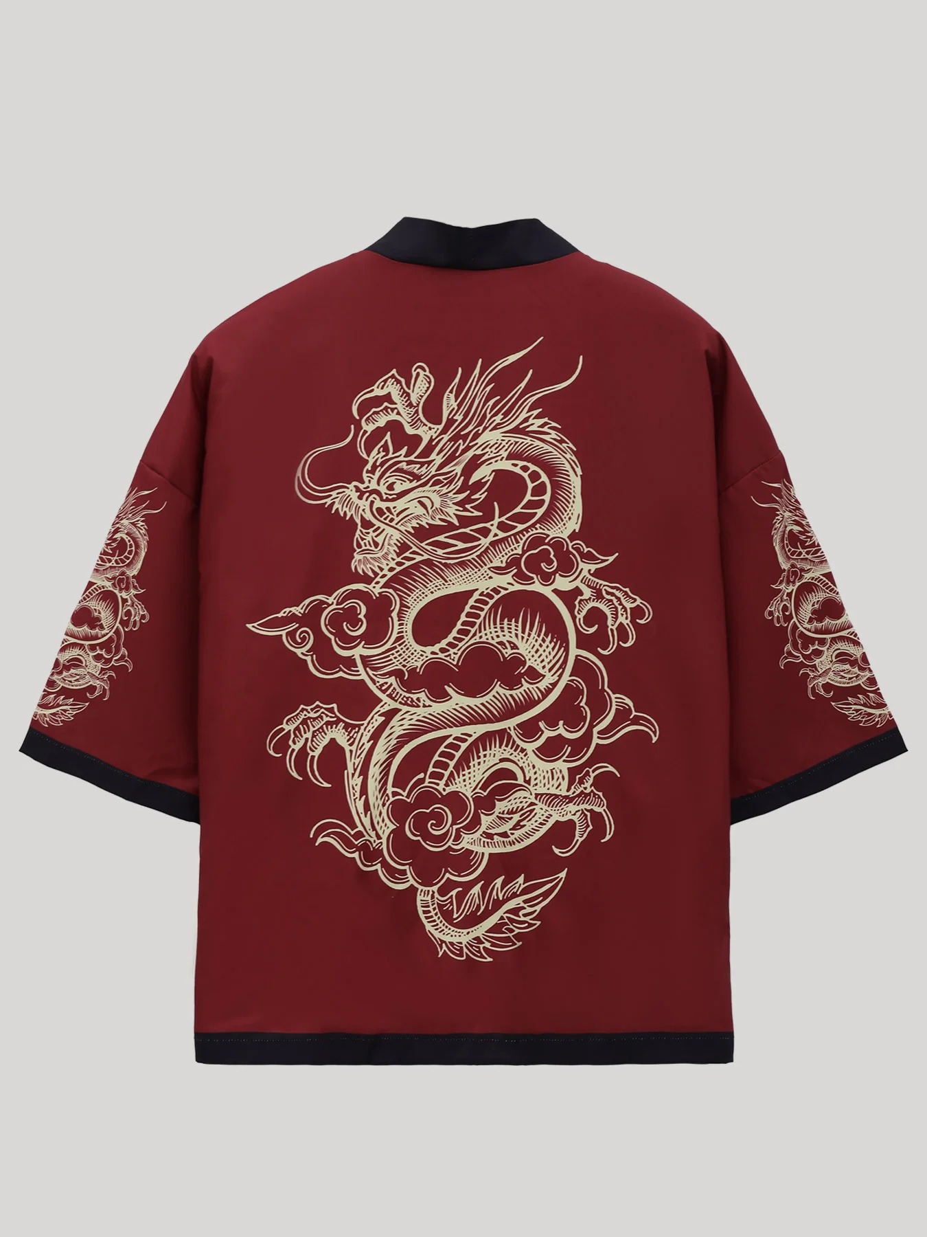 Men's Burgundy Red Chinese Style Dragon Embroidery Kimono Cardigan Spring Fall Loose Robe Jacket