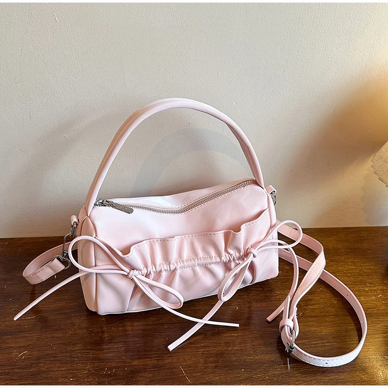Schicke Umhängetasche mit Schleife und plissiertem Kordelzug, zylindrische Handtasche, Damen-Kissentasche mit abnehmbarem Riemen, Reißverschluss oben – Detail 7