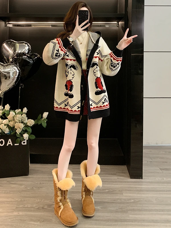 

Зимняя новинка 2026: Мультяшный вязаный кардиган для женщин, свободный крой, стройнящий силуэт, милый повседневный стиль, уличный стиль, с длинными рукавами, с капюшоном