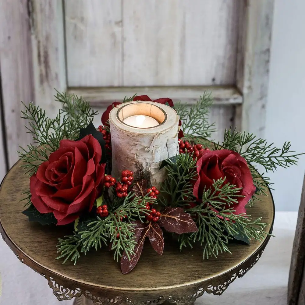 Christmas Candle Rings Wreath Artificial Plants Pillar Candle Wreath Tabletop Christmas Celebration Centerpiece Candles