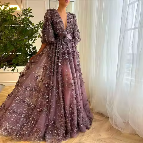 Romantic Birthday Party Dresses Lace A-line Prom Dress Purple V-neck Applique Belt Ruched Sequined Women Evening Dress Long 2025