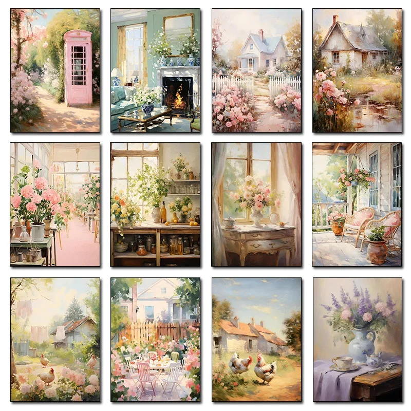 Spring Vintage Country Cottage Still Life Flower Kitchen Warm Color Artwork Poster Diamond Paintings Wall Art Pictures Home De