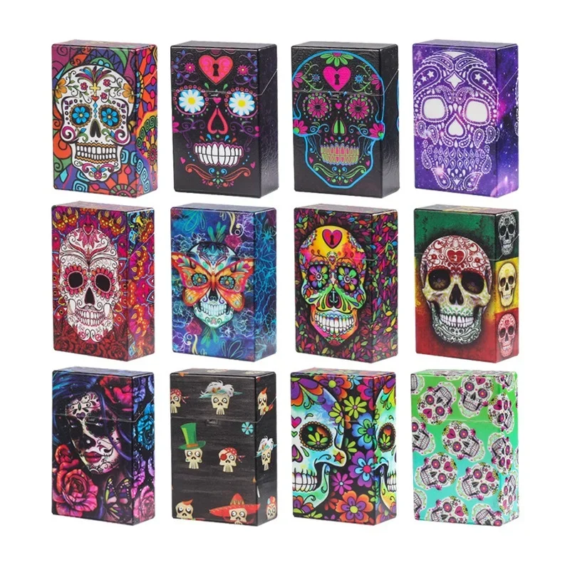 Pocket Cigarette Case Box Holder Skull Pattern Smoking Cigarette Box Cigarette Cigar Tobacco Holder Storage Case Container Box