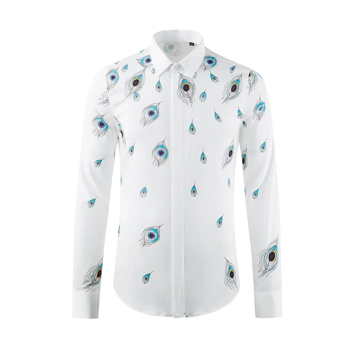 High-quality traditional Chinese style peacock feather long-sleeved casual men's shirt