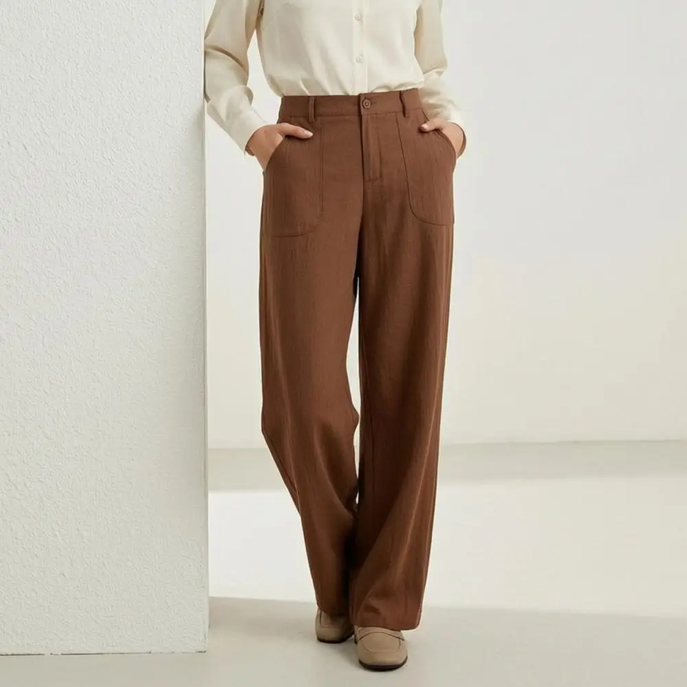 Wide Leg Trousers Cotton Linen Wide Leg Pants for Women Loose Fit Button Waist Trousers Solid Color Palazzo Pants with Pockets