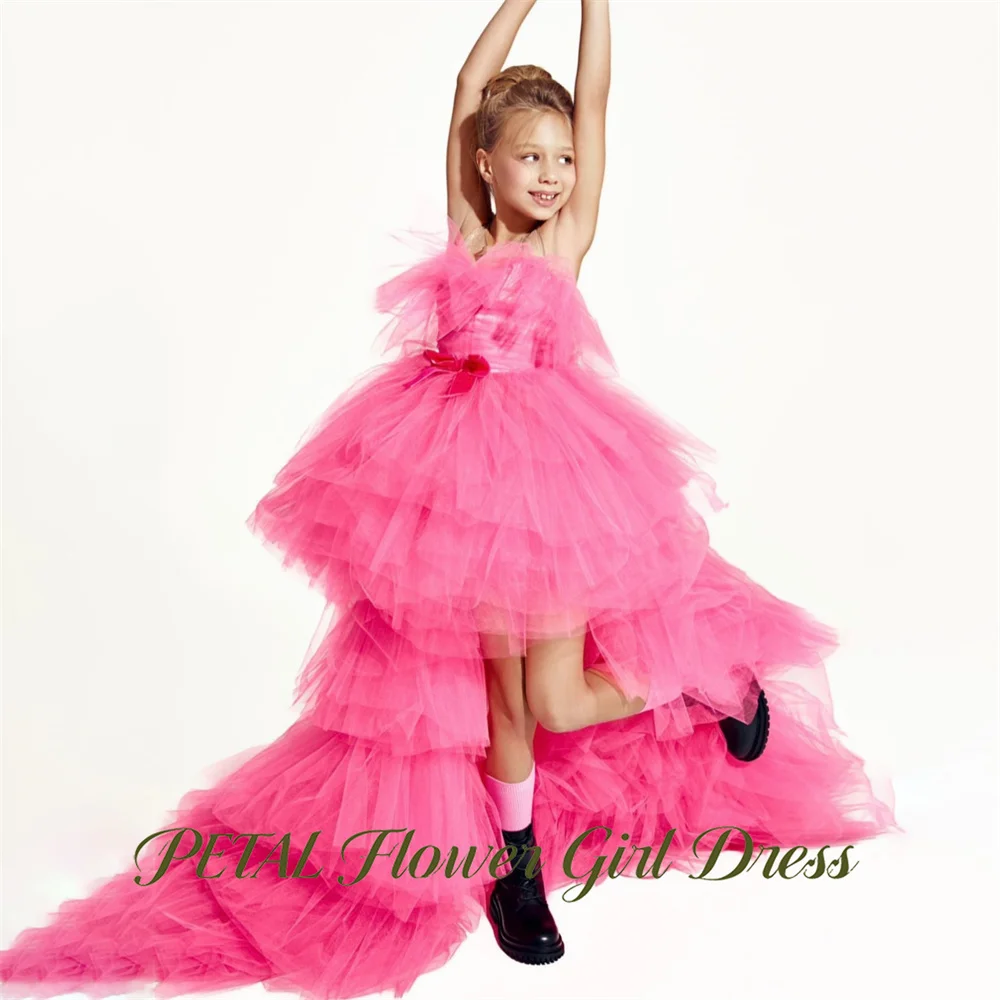 Petal Long Train Princess Girls Dress Spaghetti Strap Kids Birthday Party Dress Bright Hot Pink Tutu Fluffy Prom Gown Customized