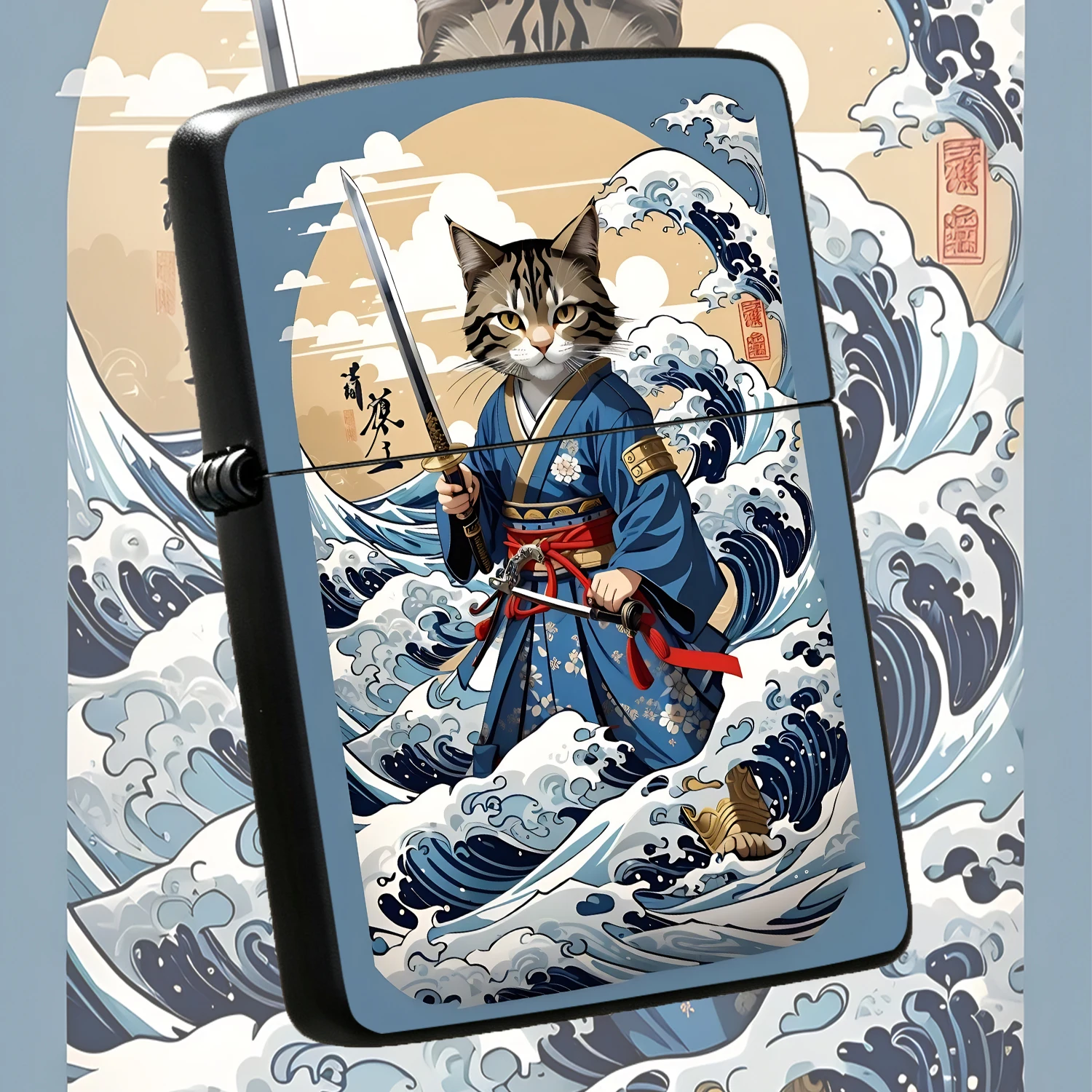 Ukiyo-E Style Samurai Cat Portable Igniter, Creative Wave Pattern Art Decor Ignition Accessory, Stylish Practical Daily Carry Item For Gathering Gifting, Versatile High Aesthetic Collectible Ignition Tool For Multiple Scenarios Interesting