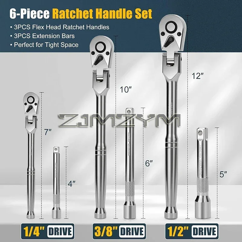 6 ชิ้น/เซ็ต Flex Head Ratchet ชุด 1/4 ", 3/8", 1/2 "ไดรฟ์หัวหมุนประแจวงล้อ With180 °   ดรี เฟล็กซ์ เฮด