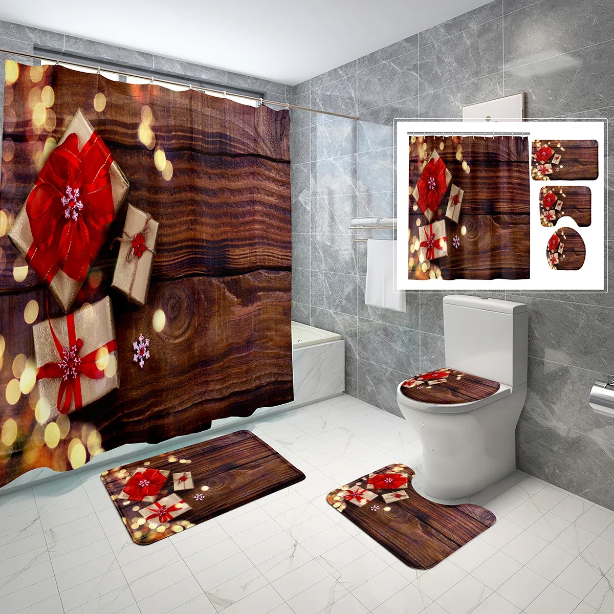 4 Pcs Set Gift Box Theme Shower Curtain Sets with Non-Slip Bath Mat,Toilet Lid Cover and Holiday Gift Style Shower Curtain Set