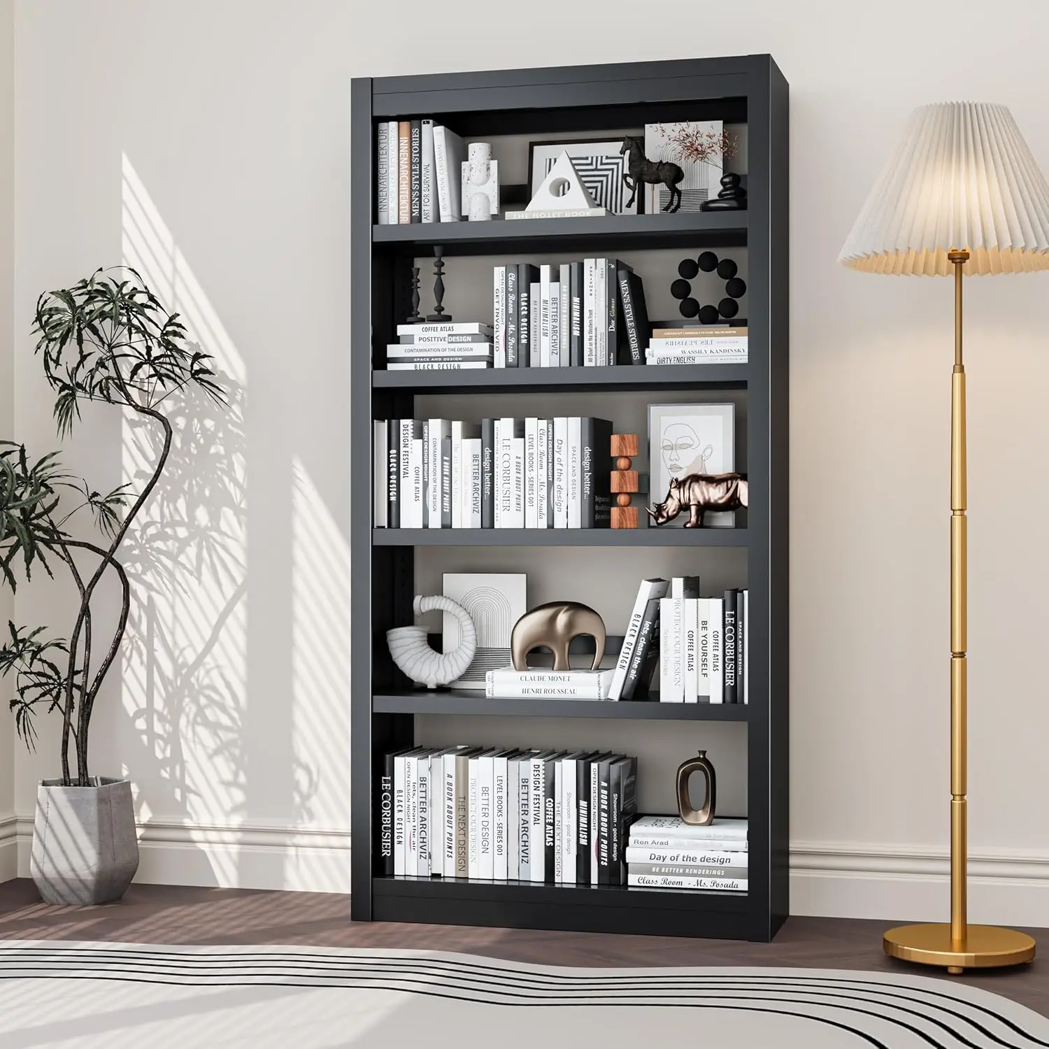 5-Tier Metal Bookshelf 69in Heavy-Duty Adjustable Sturdy Shelf Anti-Tip Wide Book Stopper Holds 200 Books, Customized
