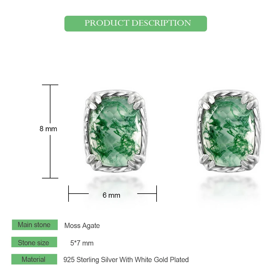 Wes 925 Sterling Zilveren Oorknopjes Voor Vrouw Natuurlijke Mosagaat 5*7Mm Gecertificeerde Sieraden Mode Feest Jubileum Cadeau