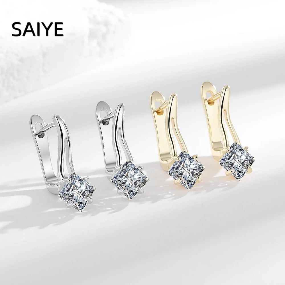 Luxury 925 Sterling Silver Gold/Silver Plated Earrings, Brilliant Princess Cut Diamond Hoop Earrings, Elegant Gift for Women