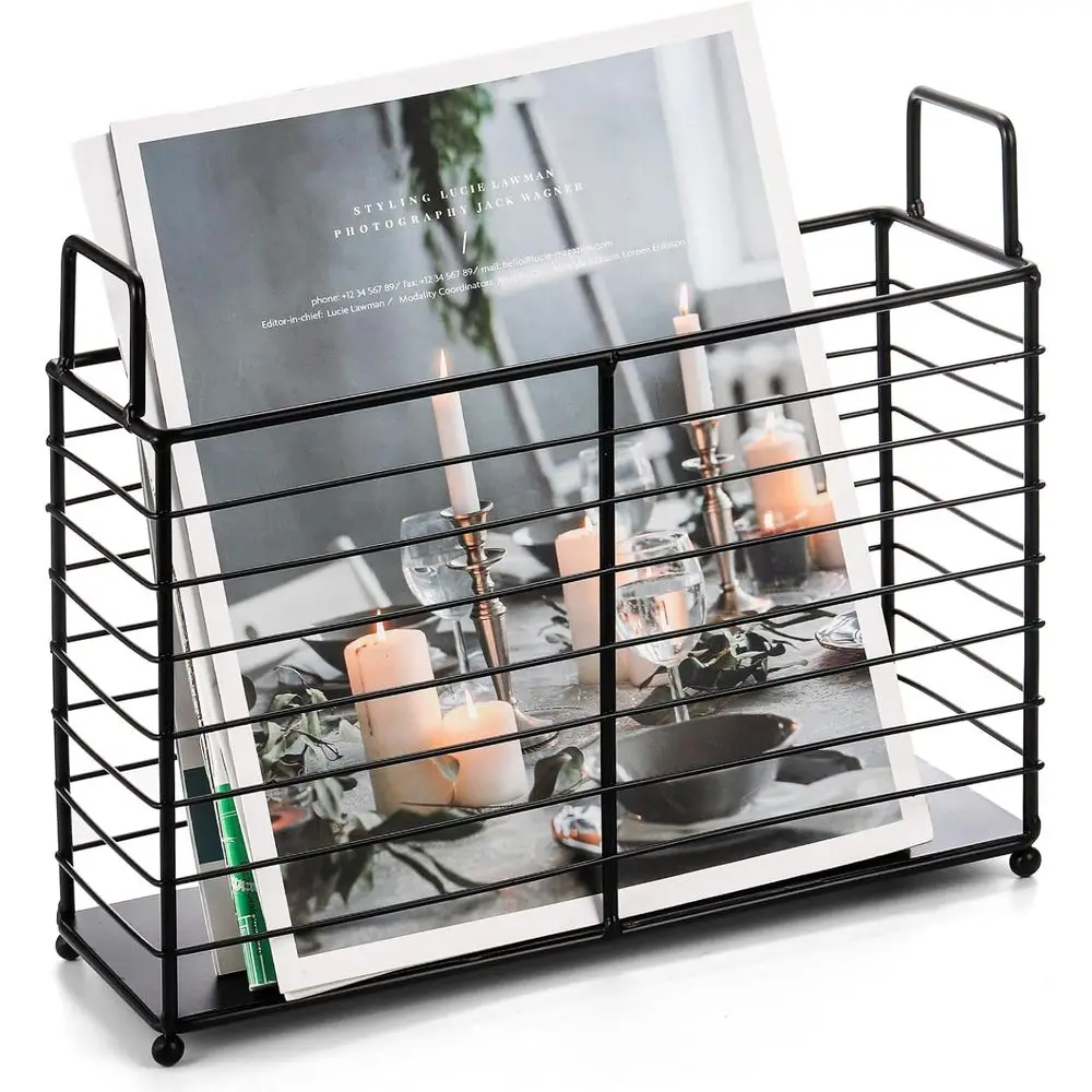 Metal Magazine Rack, Newspaper Book Tablet Storage Basket, Holder Mail Organizer Bin with Handles, Iron Wire Black Stand Holder