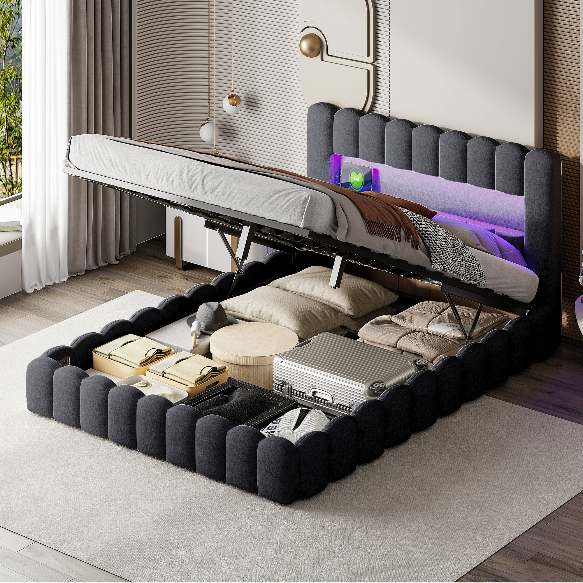 Upholstered Bed,Double Bed, Slat Bed,with Storage Compartment,LED Light, Bed Box and Headboard, 160x200cm, Gray, No Mattress