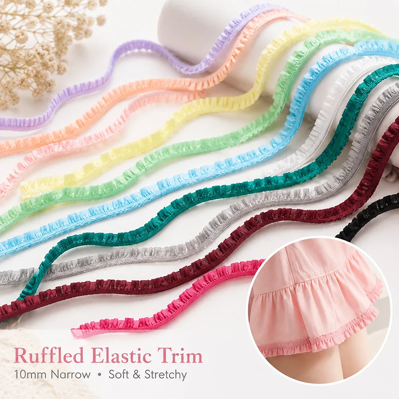 

20/40Meters 10mm Ruffled Elastic Band for Baby Hairband Shoes Dress Lace Trim Garment Sewing Decorative Ribbon Material Roll Set