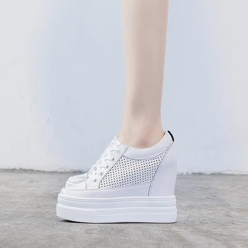 Genuine Leather Women Breathable Sneakers Increased Platform Shoes Casual Footwear Leisure White Shoes Women\'s Vulcanize Shoes