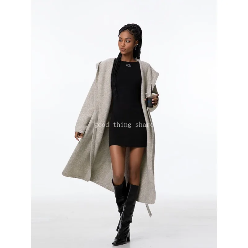 Hooded Knit Cardigan Women's Autumn and Winter Lazy and Loose Thickened Long Sweater Coat