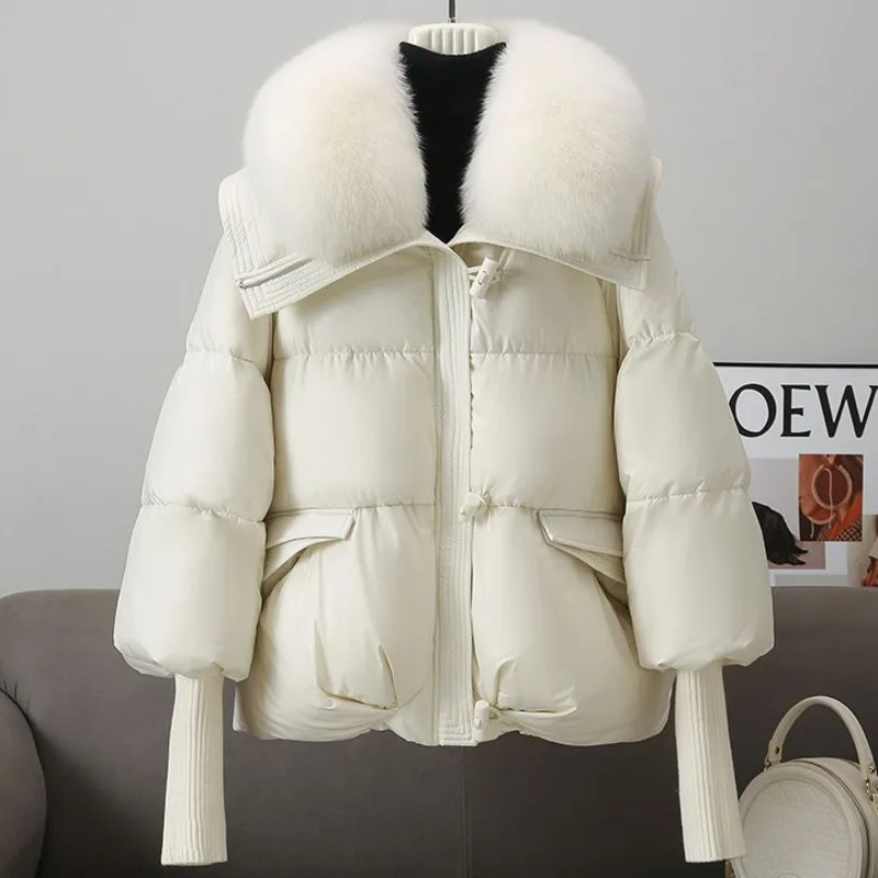 [EWQ] Detachable Faux Fox Fur Collar Cotton-padded Coat Women Winter Keep Warm Thick Brown Parkas Outerwears 2024 New 16O3328