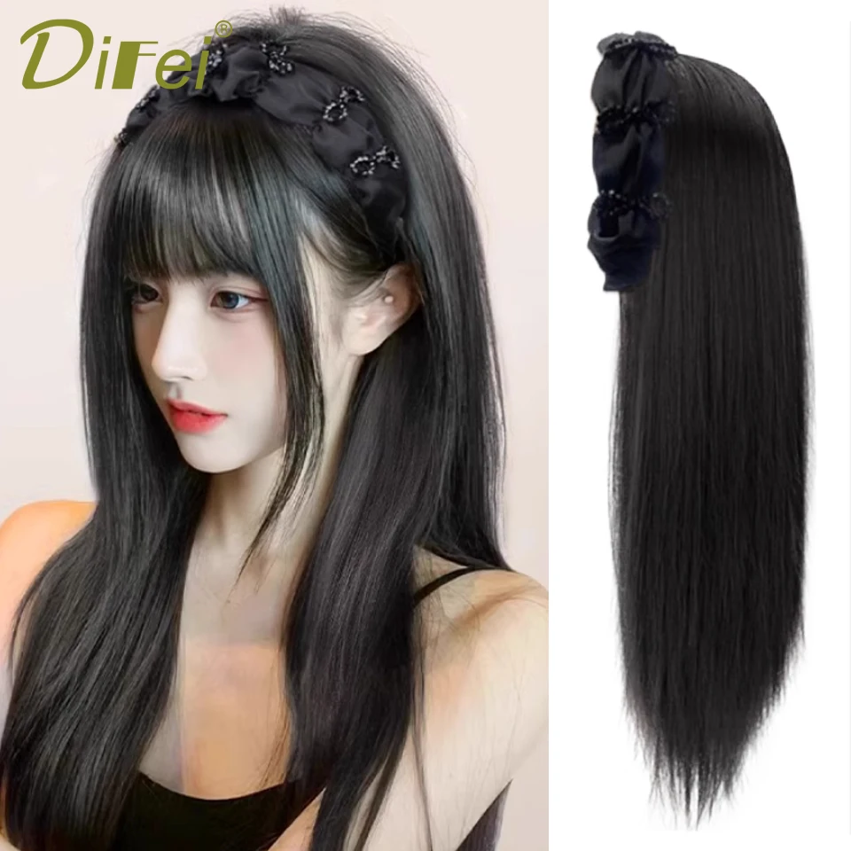 DIFEI Synthetic Wig Female Hairband Wig One-piece Semi-wig Crystal Hairband Wig To Volume Long Straight Semi-wig Hairband Wig