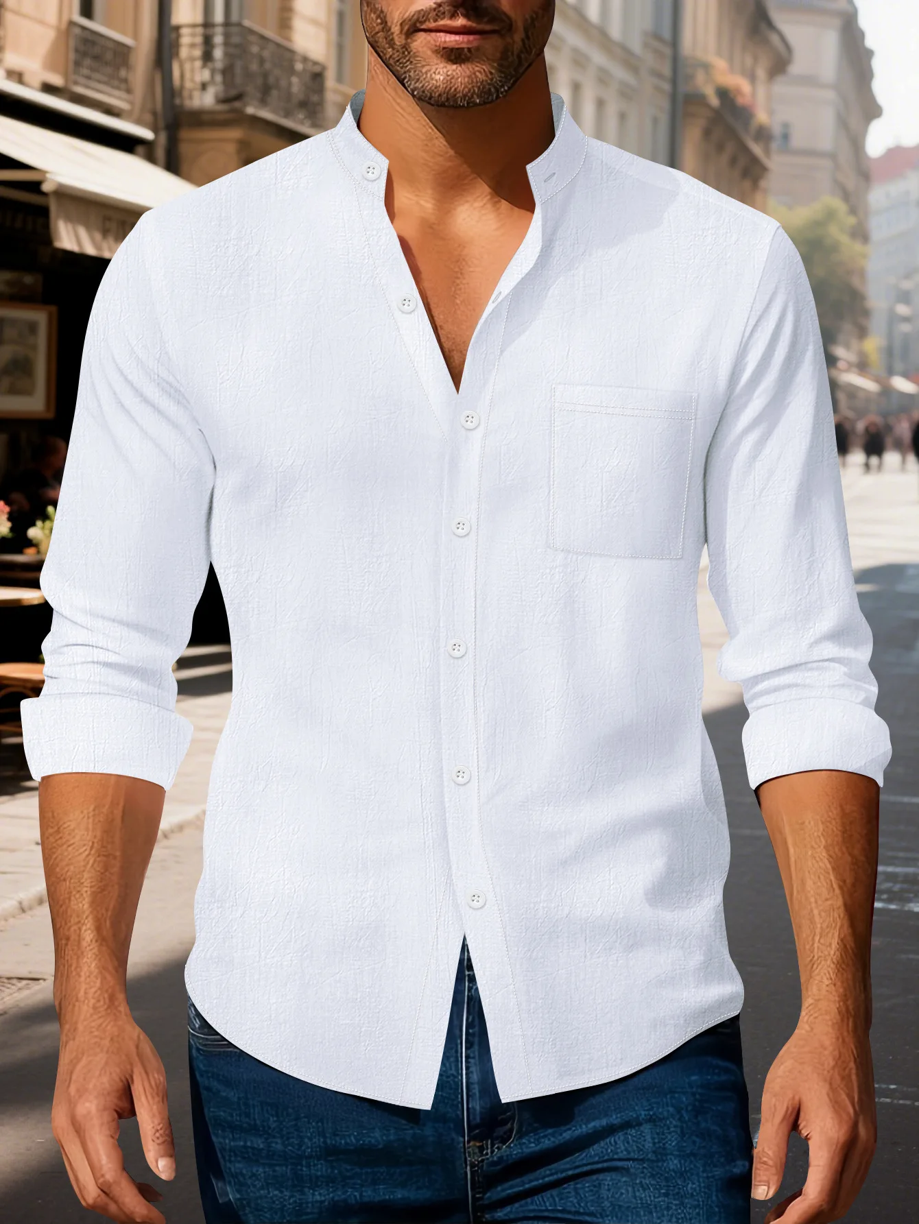 

Осенняя мужская одежда, новинка 2025 года, мужская однотонная рубашка из хлопка и льна, кардиган с воротником-стойкой, повседневная деловая одежда с длинными рукавами
