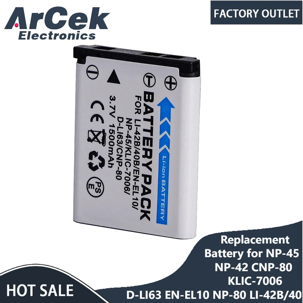 Replacement Battery Brand New for Fuji NP-45 NP-42 CNP-80 KLIC-7006 D-LI63 EN-EL10 NP-80 LI-42B/40 1500mAh Camera Batteries