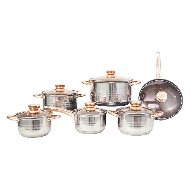 

Metal cooking pot set, non stick cookware set, champagne gold handle 12 piece cookware set