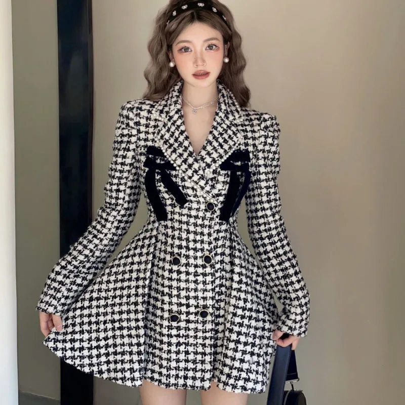 

Autumn Winter 2024 New Houndstooth Coat Women's Overcoat Fashion Slim Sweet Double-Breasted Woolen Jacket Princess Suit Skirt