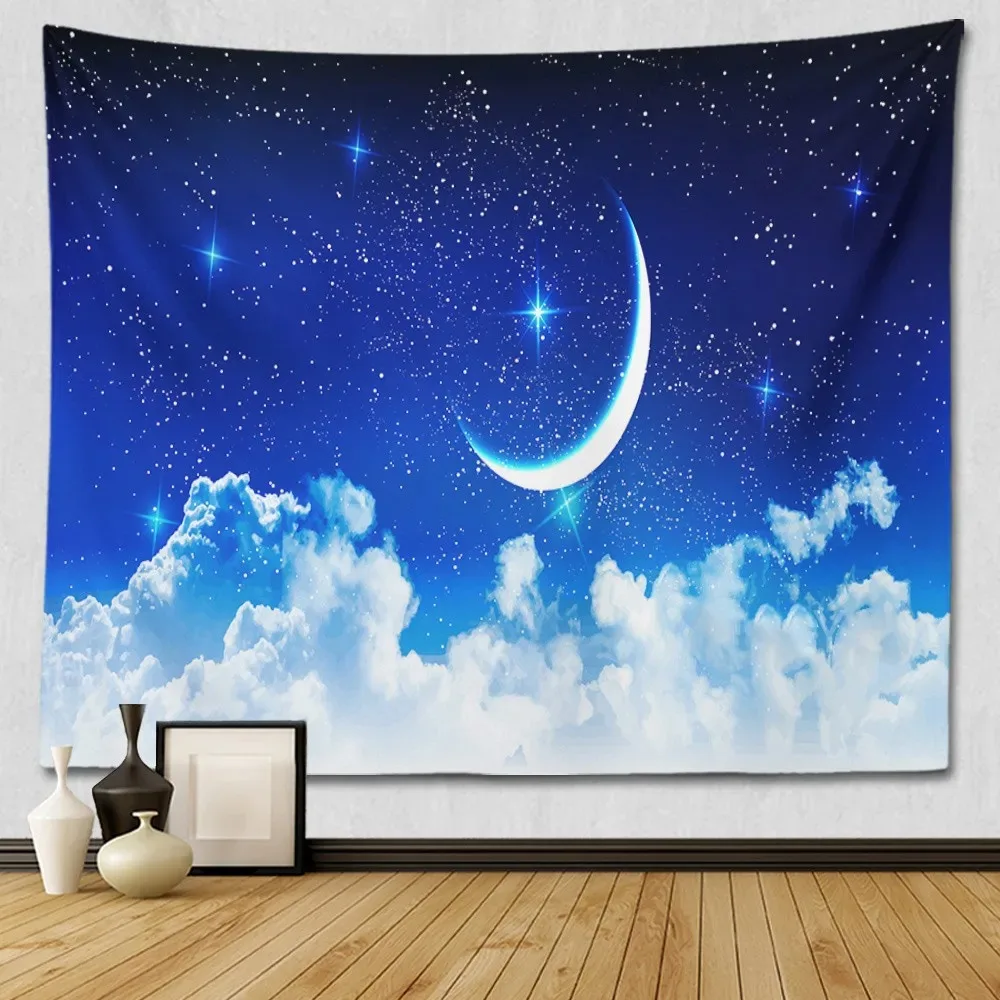 Blue starry sky and moon pattern galaxy universe hanging cloth home decoration wall tapestry living room background cloth