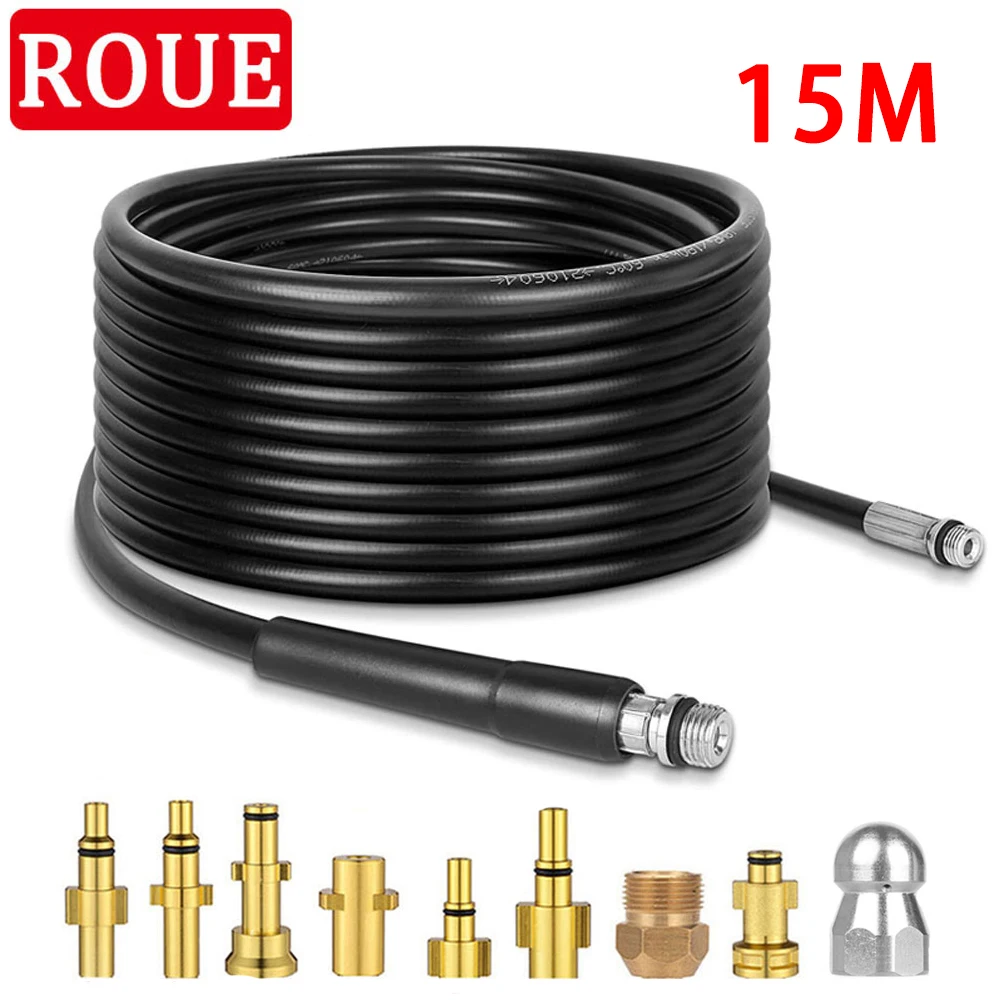 15M ROUE High Pressure Washer Hose Sewer Cleaner Sewage Pipe Cleaning Nozzles Jet Washer for Karcher Lavor Nilfisk Bosch