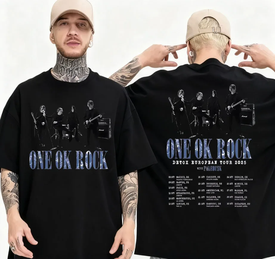 واحد موافق روك ديتوكس أوروبا بان جولة 2025 تي شيرت الرجال الصيف القطن فضفاض الهيب هوب Harajuku YK2 الاتجاه قميص الجولة الرقبة تي شيرت