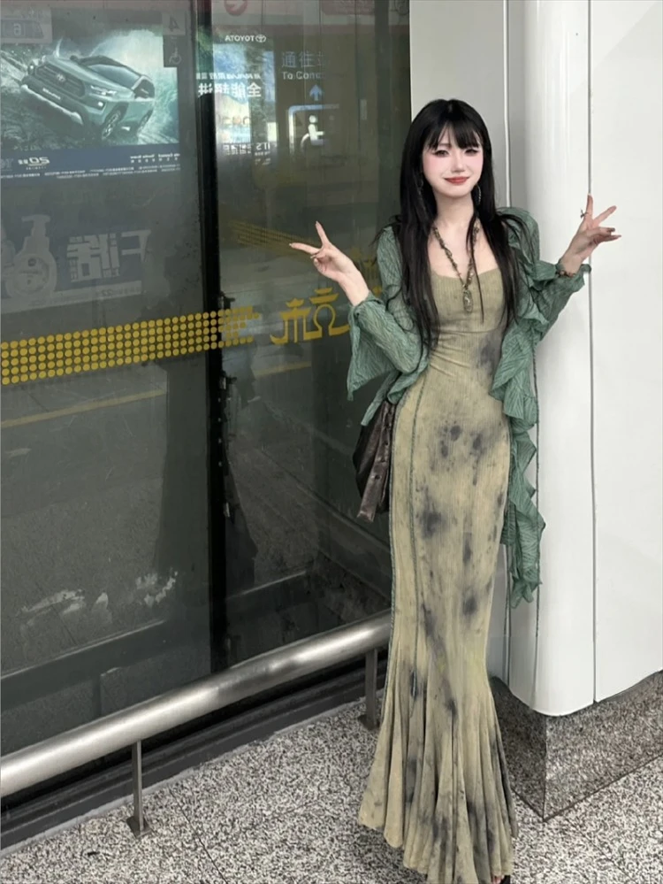 New Chinese Style Halo Dyeing Slim Fit Camisole Dresses+ Y2k Ruffles Long Sleeve Green Cardigan Spring  Two Piece Sets