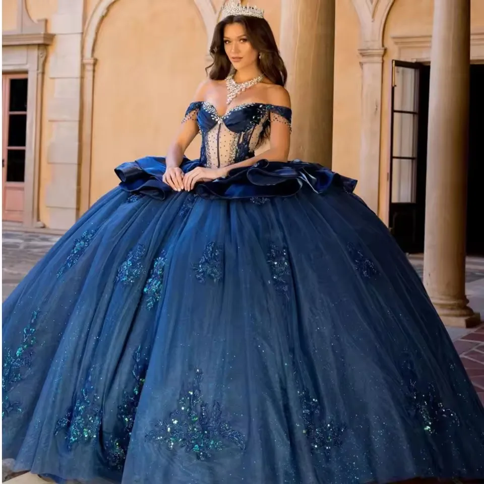 blue sweet 16 dresses Dusty Ball Gown Off The Shoulder Dress Shoulder Ball Gown with Flowers Tulle Quinceanera Dress Shiny Navy Blue Princess Sweet